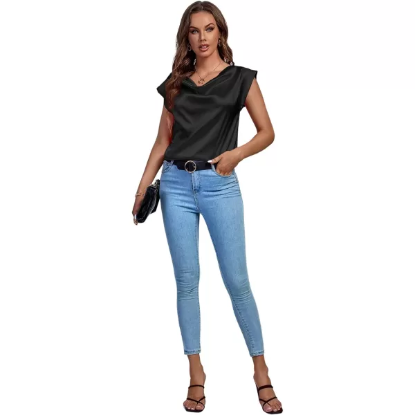 LYANER Women's Satin Silky Drape Cowl Neck Cap Sleeve Tank Tops Tunic Blouse Shirt