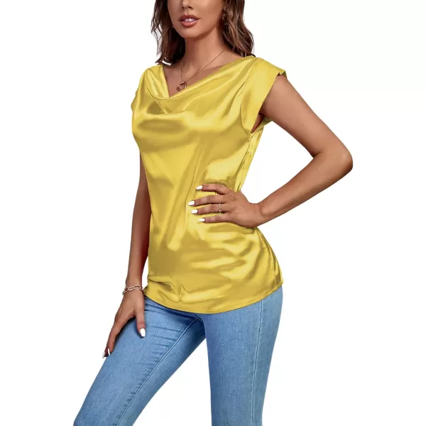 LYANER Women's Satin Silky Drape Cowl Neck Cap Sleeve Tank Tops Tunic Blouse Shirt
