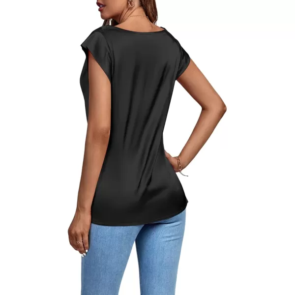 LYANER Women's Satin Silky Drape Cowl Neck Cap Sleeve Tank Tops Tunic Blouse Shirt