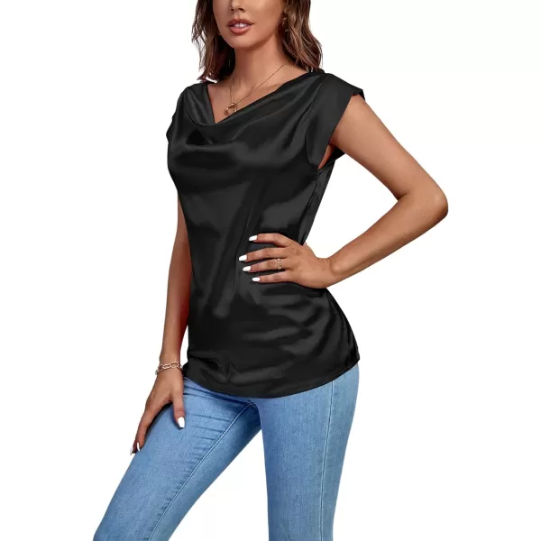 LYANER Women's Satin Silky Drape Cowl Neck Cap Sleeve Tank Tops Tunic Blouse Shirt