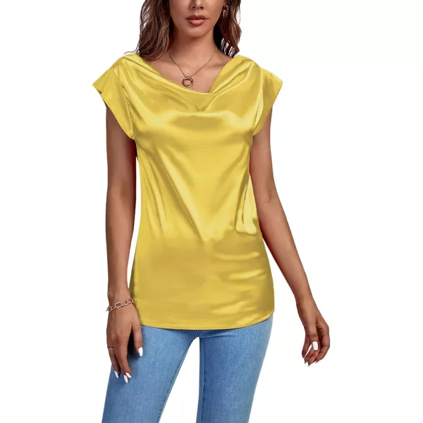LYANER Women's Satin Silky Drape Cowl Neck Cap Sleeve Tank Tops Tunic Blouse Shirt