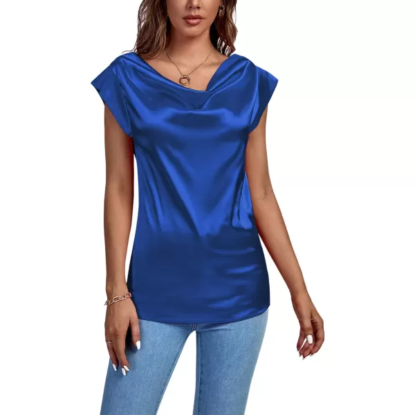 LYANER Women's Satin Silky Drape Cowl Neck Cap Sleeve Tank Tops Tunic Blouse Shirt