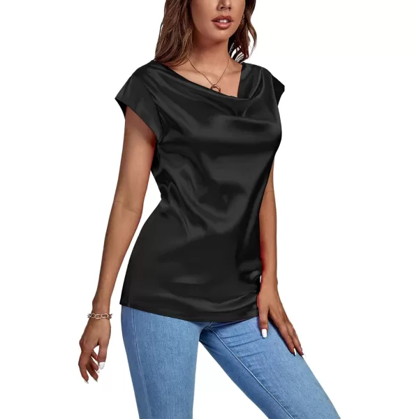LYANER Women's Satin Silky Drape Cowl Neck Cap Sleeve Tank Tops Tunic Blouse Shirt