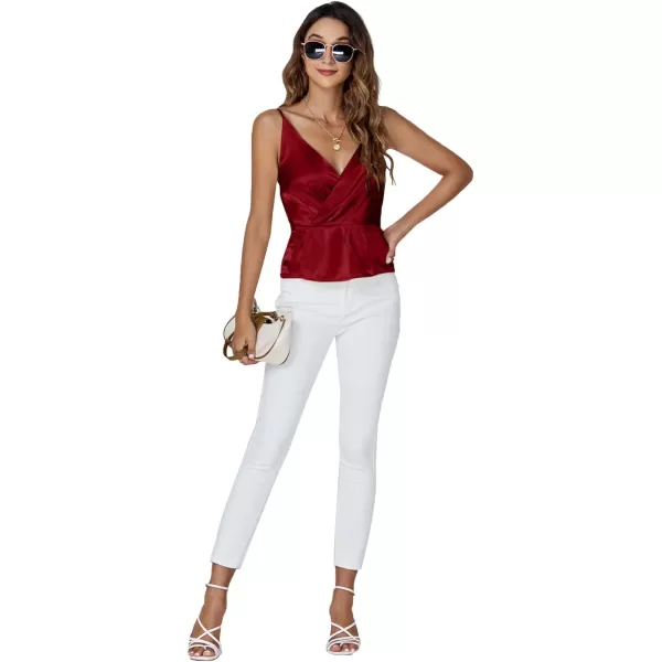 LYANER Women's Silk Satin Spaghetti Strap V Neck Ruched Sleeveless Cami Peplum Top