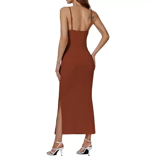 LYANER Women's Spaghetti Straps Split Slit Sleeveless V Neck Zipper Bodycon Party Midi Dress