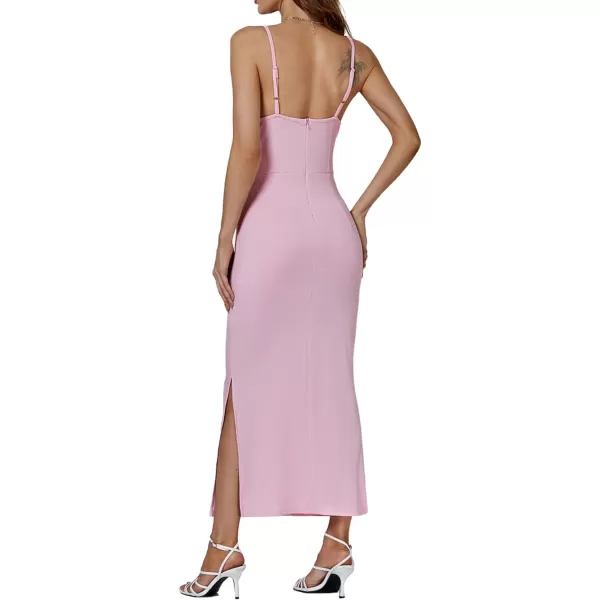 LYANER Women's Spaghetti Straps Split Slit Sleeveless V Neck Zipper Bodycon Party Midi Dress