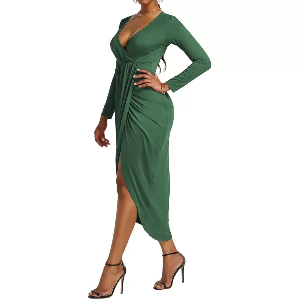 LYANER Women's V Neck Ruched Wrap Slit Hem Long Sleeve Bodycon Midi Dress