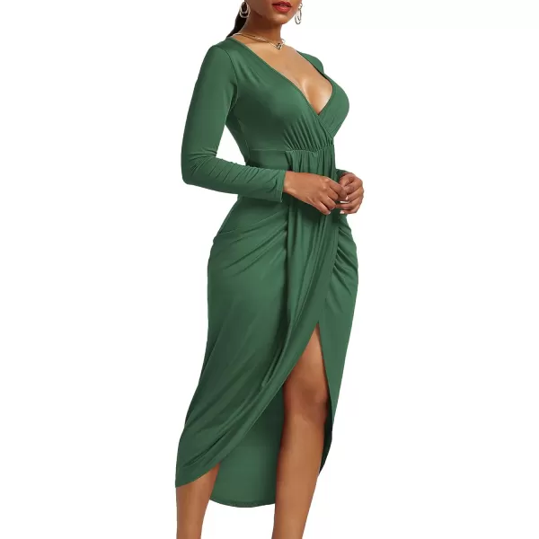 LYANER Women's V Neck Ruched Wrap Slit Hem Long Sleeve Bodycon Midi Dress