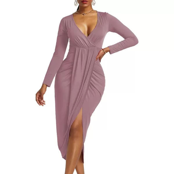 LYANER Women's V Neck Ruched Wrap Slit Hem Long Sleeve Bodycon Midi Dress