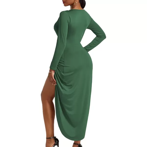LYANER Women's V Neck Ruched Wrap Slit Hem Long Sleeve Bodycon Midi Dress