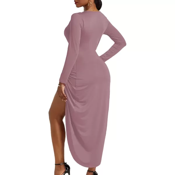 LYANER Women's V Neck Ruched Wrap Slit Hem Long Sleeve Bodycon Midi Dress