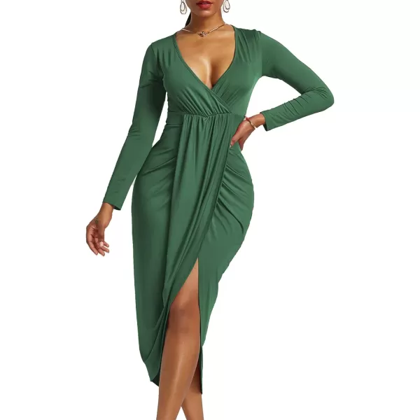 LYANER Women's V Neck Ruched Wrap Slit Hem Long Sleeve Bodycon Midi Dress