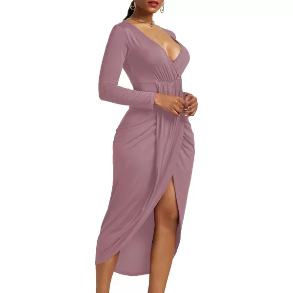 LYANER Women's V Neck Ruched Wrap Slit Hem Long Sleeve Bodycon Midi Dress