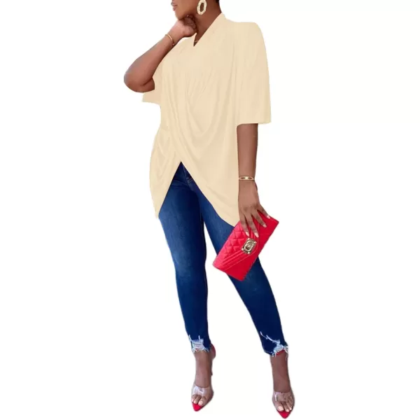 LYANER Women's Wrap V Neck Ruched Short Sleeve Split Hem Blouse Shirt Tunic Top