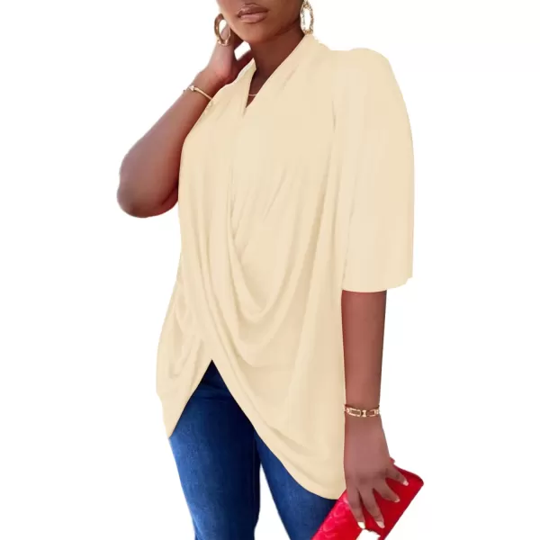 LYANER Women's Wrap V Neck Ruched Short Sleeve Split Hem Blouse Shirt Tunic Top