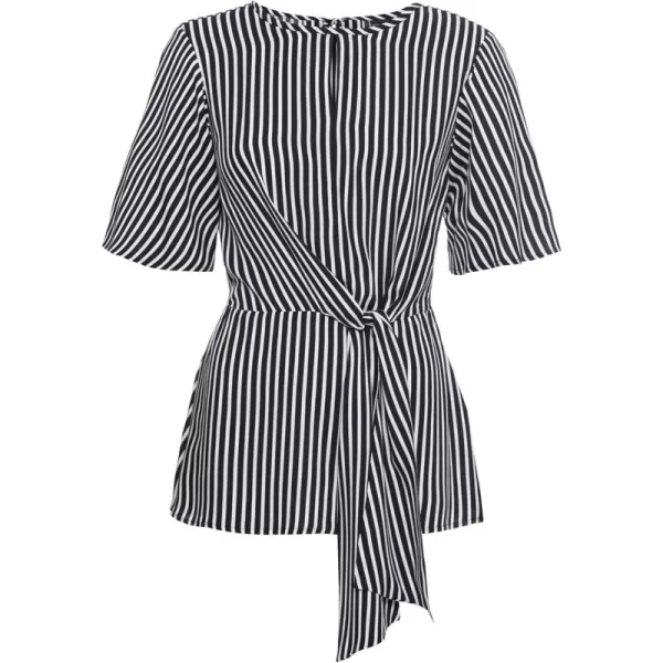 LYANER 2024 Women's Elegant Peplum Tops Crew Neck Tie Waist Short Bell Sleeve Stripe Shirts Blouse