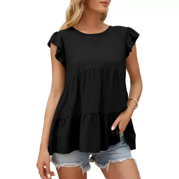 LYANER Women's Casual Crewneck Frill Cap Sleeve Ruffle Hem Babydoll Blouse Tops
