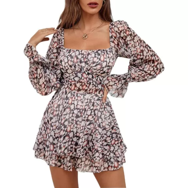 LYANER Women's Floral Print Off Shoulder Long Sleeve Ruffle Hem Romper Short Jumpsuit