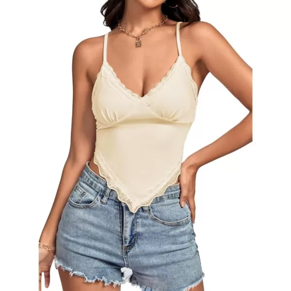 LYANER Women's Lace Trim V Neck Spaghetti Straps Sleeveless Fitted Cami Top