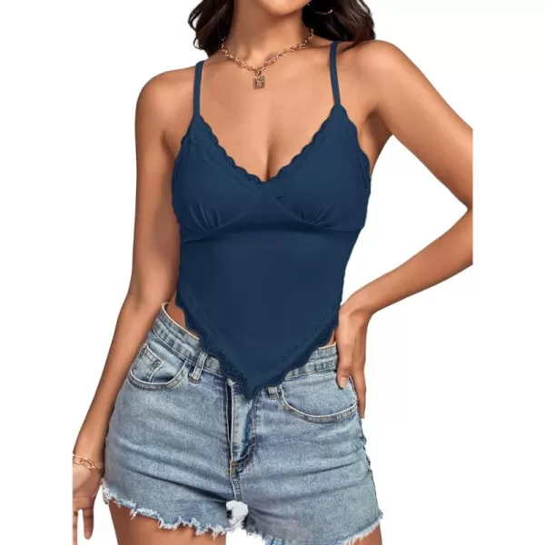 LYANER Women's Lace Trim V Neck Spaghetti Straps Sleeveless Fitted Cami Top