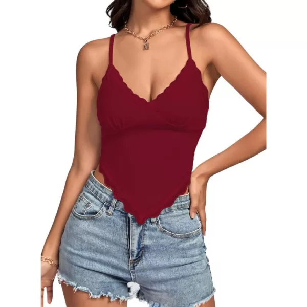 LYANER Women's Lace Trim V Neck Spaghetti Straps Sleeveless Fitted Cami Top