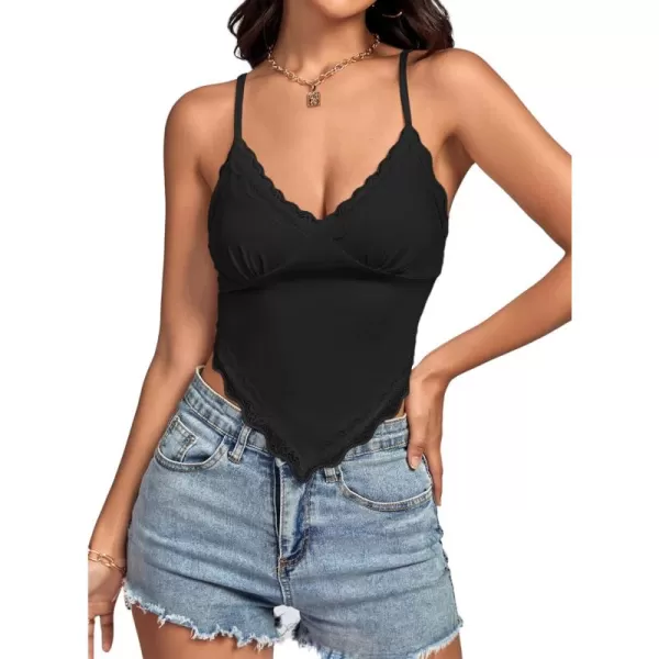 LYANER Women's Lace Trim V Neck Spaghetti Straps Sleeveless Fitted Cami Top