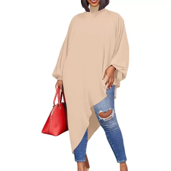 LYANER Women's Mock Neck Asymmetrical High Low Balloon Long Sleeve Long Shirt Blouse Tunic Top
