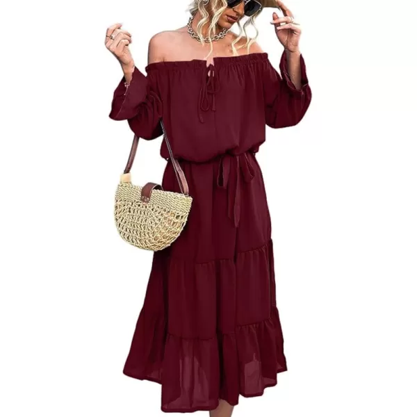 LYANER Women's Off Shoulder Crewneck Long Sleeve High Waist Smocked Flowy Midi Dress