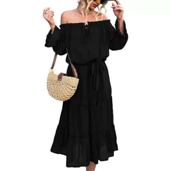 LYANER Women's Off Shoulder Crewneck Long Sleeve High Waist Smocked Flowy Midi Dress