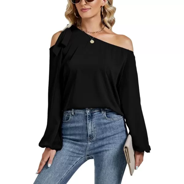 LYANER Women's Off Shoulder Lantern Long Sleeve Blouse Asymmetrical Neck Tie Knot Shirt