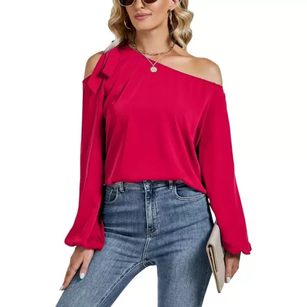 LYANER Women's Off Shoulder Lantern Long Sleeve Blouse Asymmetrical Neck Tie Knot Shirt