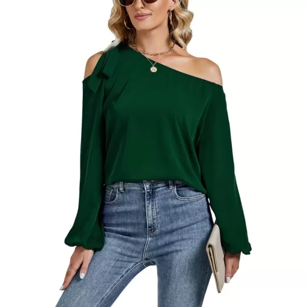 LYANER Women's Off Shoulder Lantern Long Sleeve Blouse Asymmetrical Neck Tie Knot Shirt