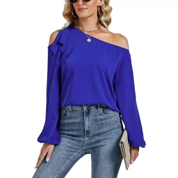 LYANER Women's Off Shoulder Lantern Long Sleeve Blouse Asymmetrical Neck Tie Knot Shirt