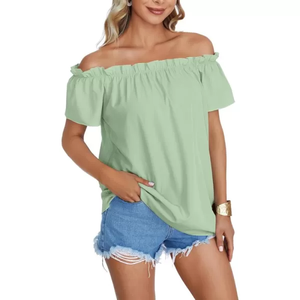 LYANER Women's Off Shoulder Ruffle Short Sleeve Ruched Casual Loose Tops Blouse Shirt