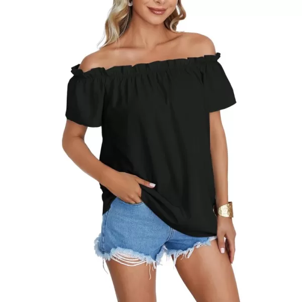 LYANER Women's Off Shoulder Ruffle Short Sleeve Ruched Casual Loose Tops Blouse Shirt