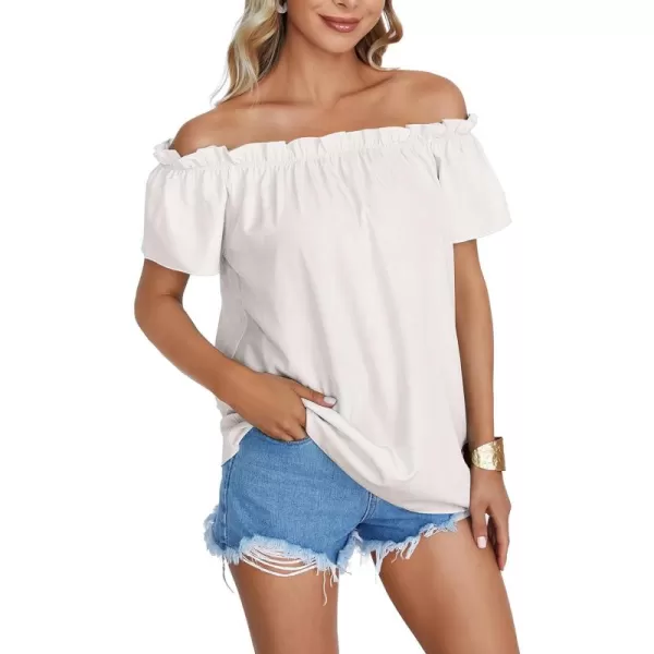 LYANER Women's Off Shoulder Ruffle Short Sleeve Ruched Casual Loose Tops Blouse Shirt
