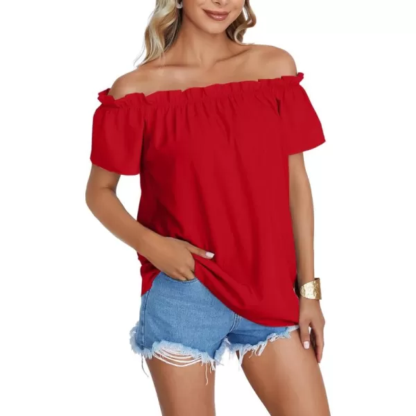 LYANER Women's Off Shoulder Ruffle Short Sleeve Ruched Casual Loose Tops Blouse Shirt