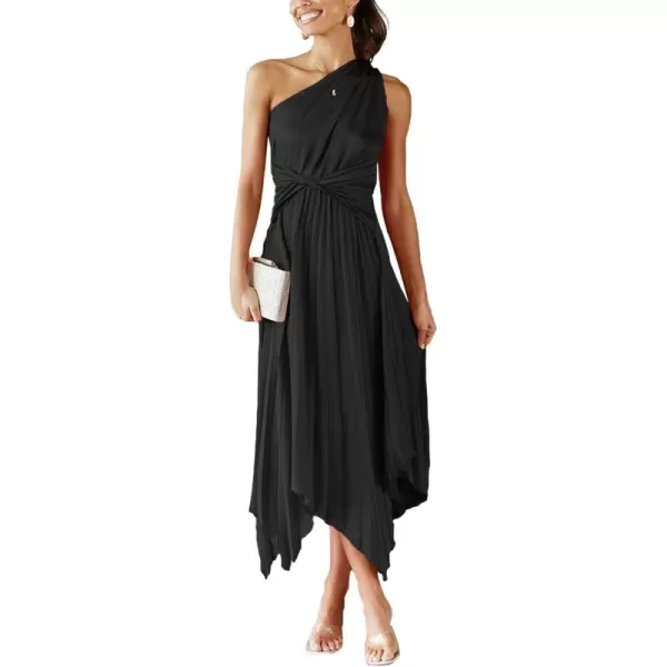 LYANER Women's Satin One Shoulder Sleeveless Twist Pleated Irregular Party Midi Dress