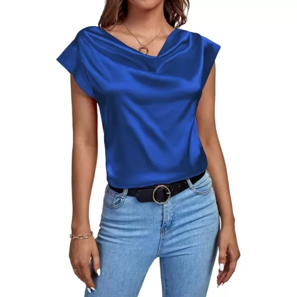 LYANER Women's Satin Silky Drape Cowl Neck Cap Sleeve Tank Tops Tunic Blouse Shirt