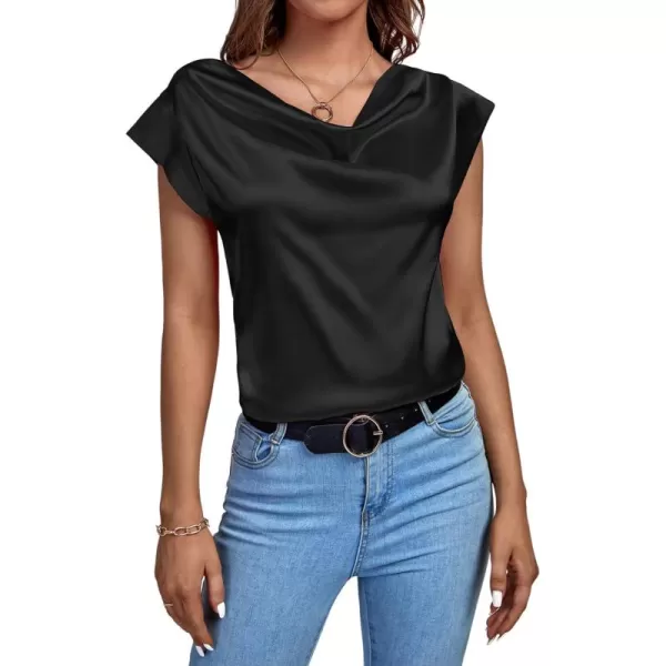 LYANER Women's Satin Silky Drape Cowl Neck Cap Sleeve Tank Tops Tunic Blouse Shirt