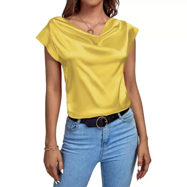 LYANER Women's Satin Silky Drape Cowl Neck Cap Sleeve Tank Tops Tunic Blouse Shirt