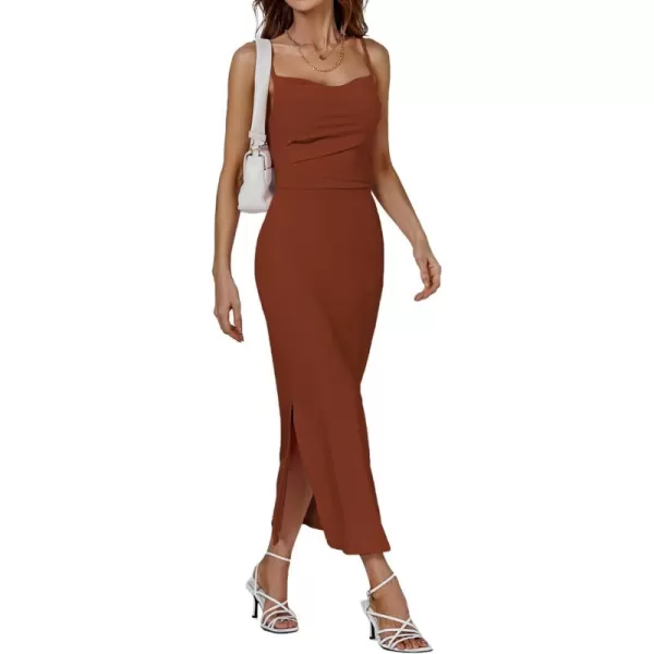 LYANER Women's Spaghetti Straps Split Slit Sleeveless V Neck Zipper Bodycon Party Midi Dress