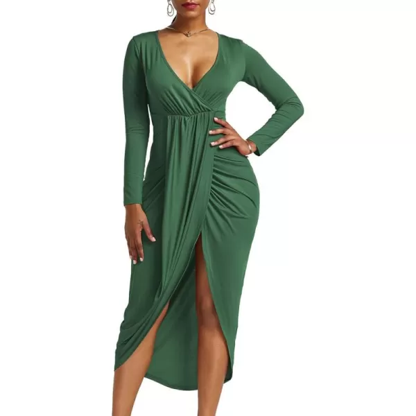 LYANER Women's V Neck Ruched Wrap Slit Hem Long Sleeve Bodycon Midi Dress
