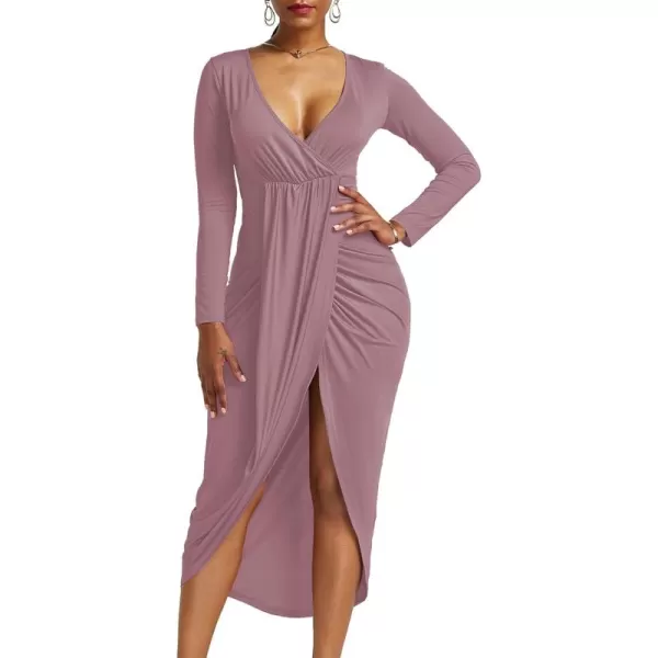 LYANER Women's V Neck Ruched Wrap Slit Hem Long Sleeve Bodycon Midi Dress