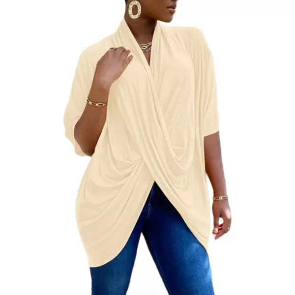 LYANER Women's Wrap V Neck Ruched Short Sleeve Split Hem Blouse Shirt Tunic Top