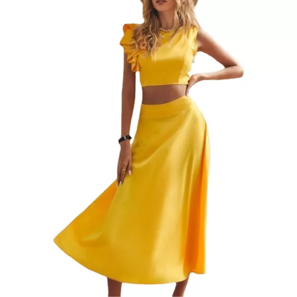LYANER Women's 2 Piece Outfits Crewneck Ruffle Trim Sleeveless Crop Top and Swing Midi Skirt Set