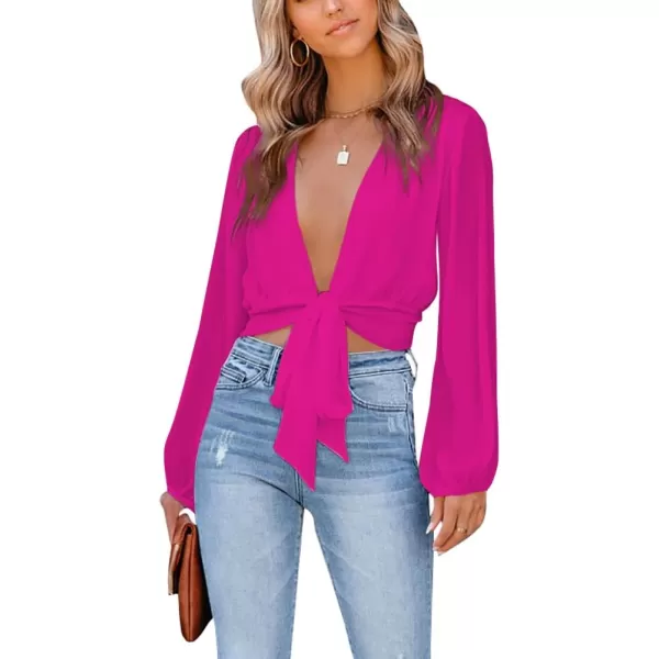 LYANER Women's Deep V Neck Tie Front Knot Long Sleeve Sexy Wrap Crop Top Blouse