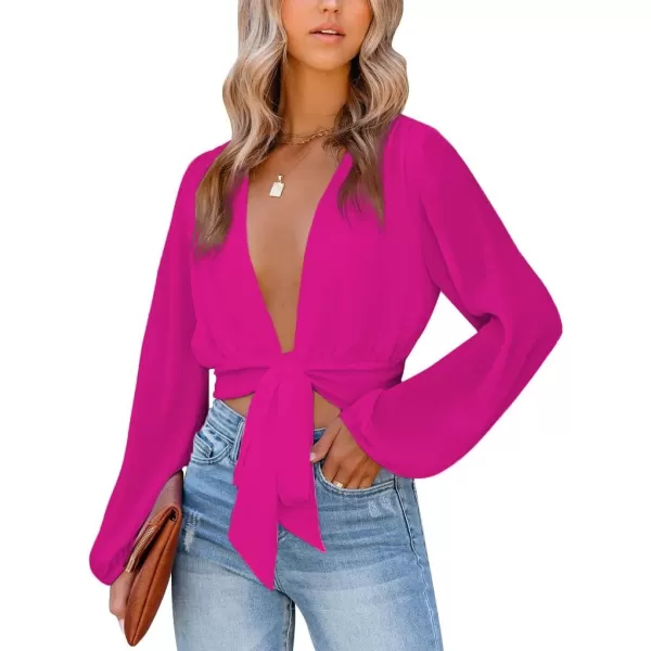 LYANER Women's Deep V Neck Tie Front Knot Long Sleeve Sexy Wrap Crop Top Blouse