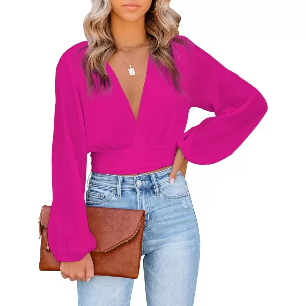 LYANER Women's Deep V Neck Tie Front Knot Long Sleeve Sexy Wrap Crop Top Blouse