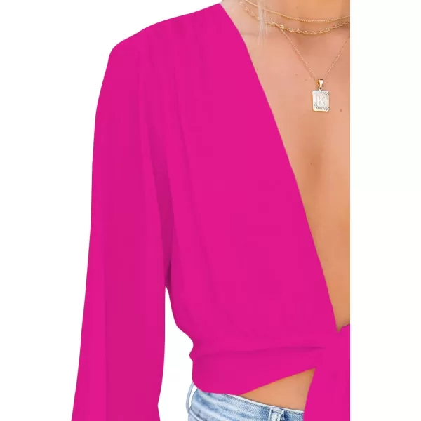 LYANER Women's Deep V Neck Tie Front Knot Long Sleeve Sexy Wrap Crop Top Blouse